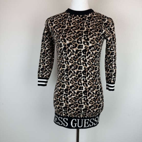 GUESS Leopard Print Sweater Dress Long Sleeve Logo Hem Size 8 - Picture 2 of 13